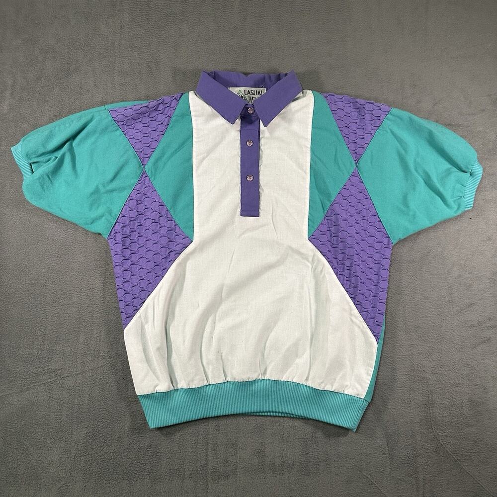 Vintage 80s Casual Isle Colorblock Teal Purple White Polo Top Women’s S Retro